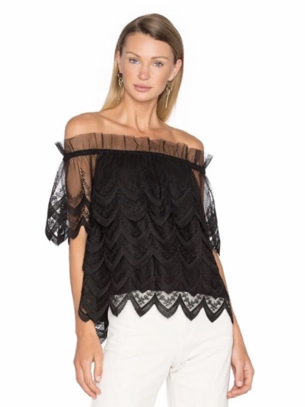 ALEXIS Abelli black lace off the shoulder top size large Euc